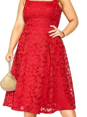 City Chic Red Lace Midi Dress with Square Neck